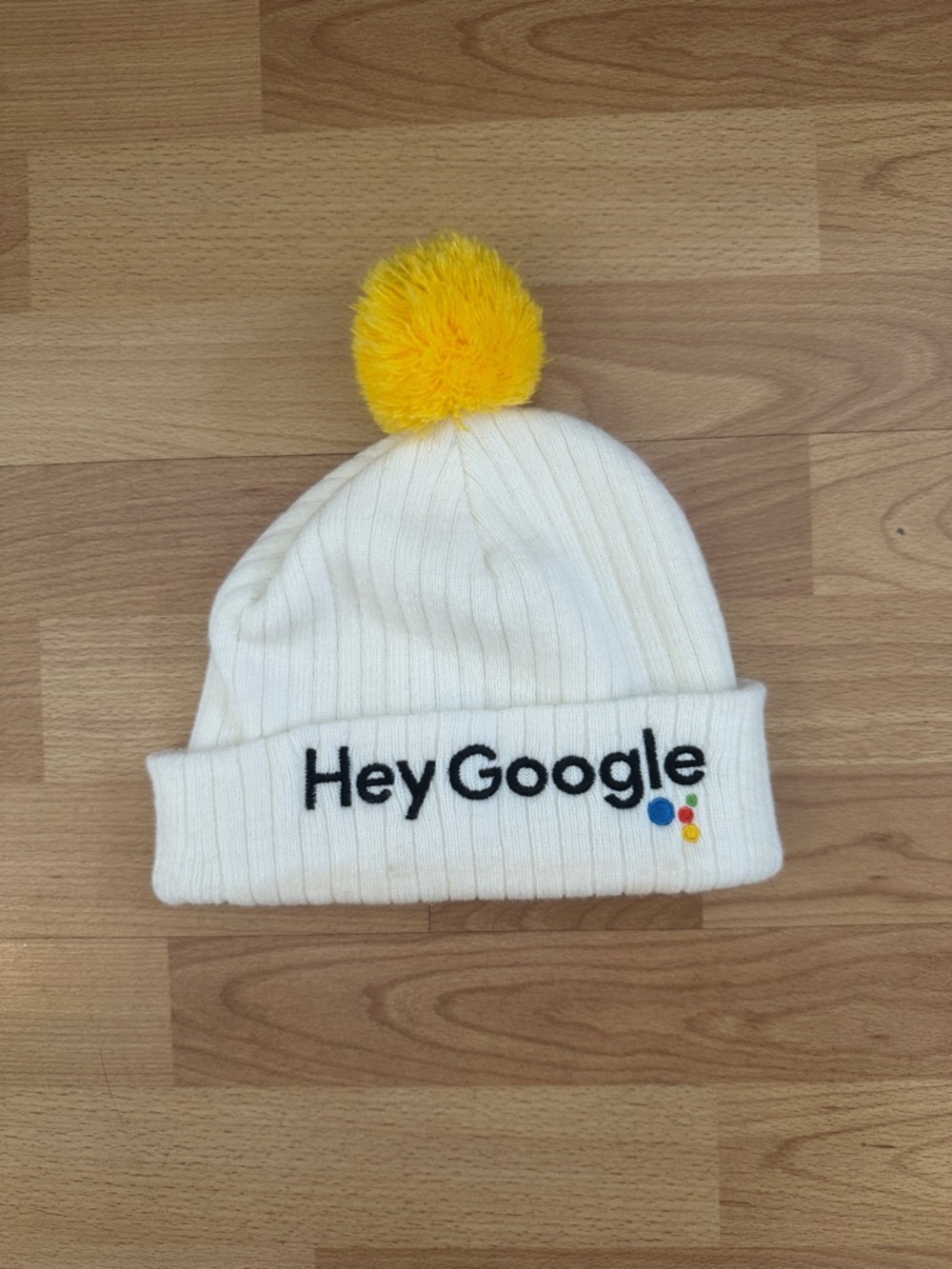 Hey Google Cream Ribbed Beanie with Yellow Pom
